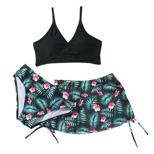 Girls 3 Pics Swimsuit Bathing Suits Tropical Floral Bikini Cover Up Skirt 8Y - Picture 1 of 6