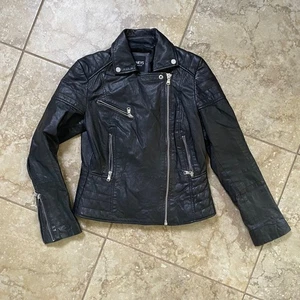 Barneys Originals Leather Moto Biker Jacket Full Zip Black Size 10 - Picture 1 of 7