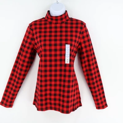 Croft & Barrow Long Sleeve T-Shirt Womens M Red Check 100% Cotton Mock Neck NEW - Image 1 of 4