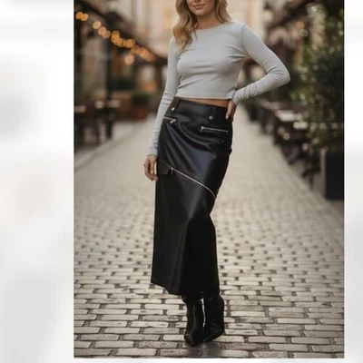 NWOT Zara 2 IN 1 DETACHABLE FAUX LEATHER MIDI SKIRT. Black. Size XS Blogger Fave - Image 1 of 4