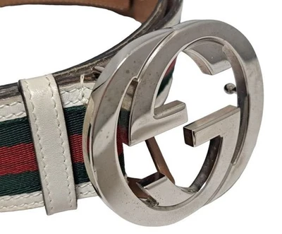 Cinturón de cuero Gucci entrelazado con hebilla en G a rayas verde rojo 105 cm 114984 Foto 1 de 4