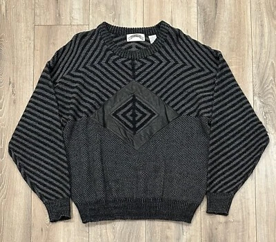 Suéter Pullover Vintage MARQUIS Para Hombre Rayas Mediano Parche Cuero Negro Foto 1 de 4