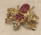 O T C Signed Bumble Bee Red & Clear Rhinestone and Gold Tone Brooch Pin 3/4”L