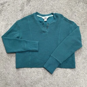 Athleta Girl Waffle Knit 1/4 Snap Button Sweatshirt Medium Teal Blue Thumbholes - Picture 1 of 14