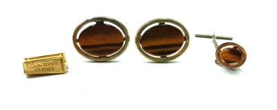 Vintage Foster Cufflinks Tiger Eye Tie Pin Set Gold Tone Oval Men's Jewelry MCM - Image 1 of 4