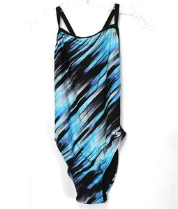 Speedo Power Flex Eco Swimsuit One Piece 30 Small Lined Flyback Blue Stripes - Picture 1 of 9