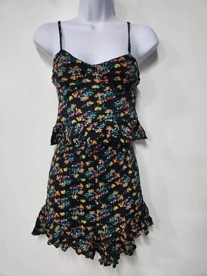 Free People Smocked Maia Black Floral Printed Smocked Crop Short Set Size L. B23 - Image 1 of 4