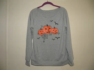 Medium M Pumpkin Fall Halloween Sweatshirts Pullover Women Gray Orange Black - Foto 1 di 10