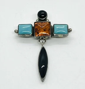 ALEX BEGAY Navajo Silver Turquoise, Jet, & Baltic Amber Cabochons Cross Brooch - Picture 1 of 9