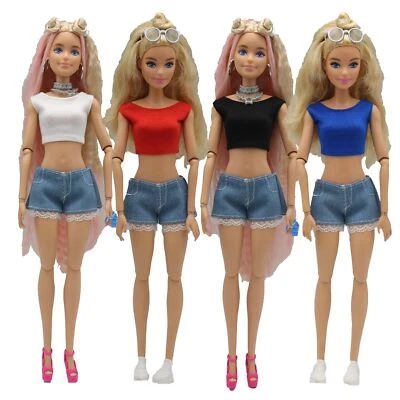 für Barbie Puppe Kleidung Modische Crop Top Hemd Jeans Shorts Hosen 1/6 Outfits