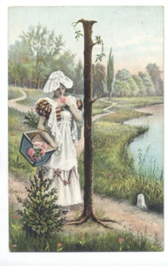 Rustic ALPHABET Series 994 Large Letter "I"  as Tree Woman Picks Flowers ca1907 - Picture 1 of 2