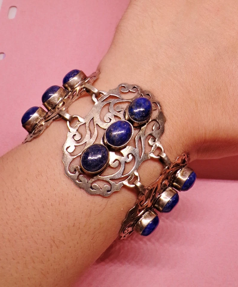 ARGENTO 925 STERLING bracelet bracciale lapis lazuli taxco Mexican style vintage - Immagine 1 di 4