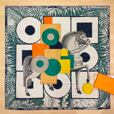 HERMES Carre 140 Cavalier en Formes Cashmere Silk Wrap 140cm w/box US duty free - Image 1 of 4