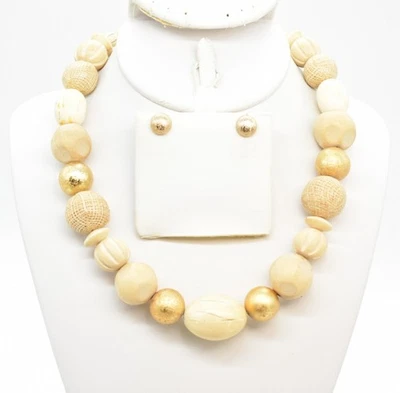 18" Beige Faux Bone Wood Rattan Textured Gold Tone Bead Choker Necklace/Earrings - Image 1 of 3