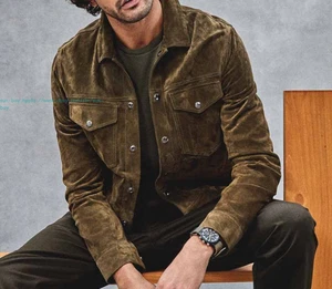 New Men Faux Suede Jacket Sport Coats Retro Lapel Cargo Long sleeve Shirt Jacket - Picture 1 of 11