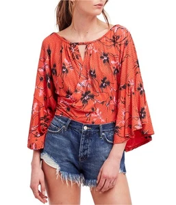 Free People Womens Last Time Draped Bell-Sleeve Basic T-Shirt, Orange, Small - Picture 1 of 1