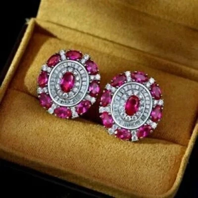 2Ct Lab Created Ruby Cluster Womans Christmas Stud Earrings 14K White Gold Plate - Image 1 of 3