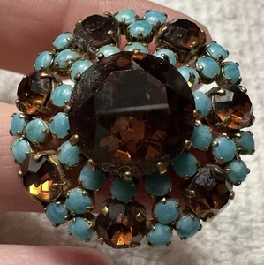 Vintage 50s RARE BROOCH marked 128 Rudolph Finger Topaz Turquoise - Picture 1 of 7