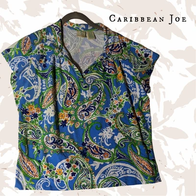 CARIBBEAN JOE Women's XL Blouse Paisley Floral V-Neck Short Sleeve Cotton Blend  - Image 1 of 4