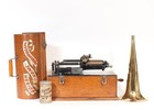 Early Edison Suitcase Home Phonograph w/Brass Mandrel, Brass Horn, Badged Crank
