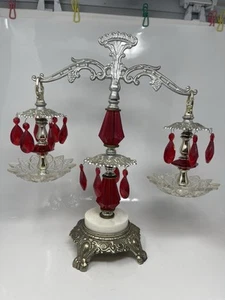 Vintage Ornate Scales Of Justice Decor W/ Red Plastic Crystals  Glass Dishes - Picture 1 of 7