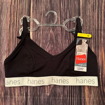 Hanes Original Womens Set of 2 Triangle Bralettes Solid Black Size Medium - Image 1 of 4