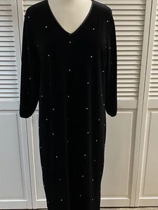 Quacker Factory Black Velvet/Rhinestones 3/4 Sleeve V-Neck Holiday Dress Large - Picture 1 of 10