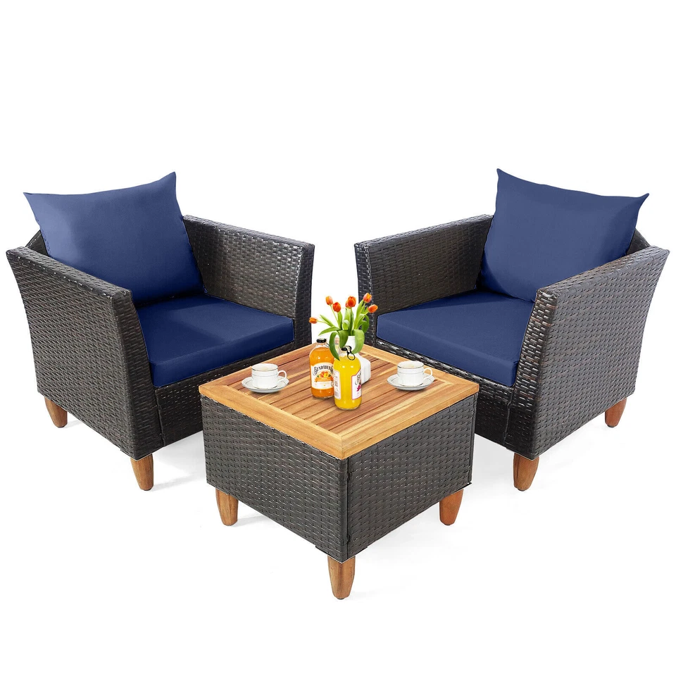 Costway 3-Piece Rectangular Wood 16'' Outdoor Bistro Table Set with Navy Cushion (HW66533NY)