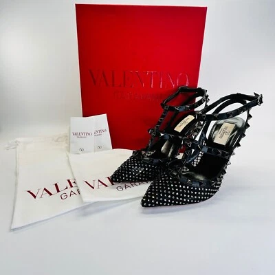 Zapatos de salón Valentino Rockstud con correa en el tobillo adornada talla 37 negros tacón de malla tachonada Foto 1 de 4
