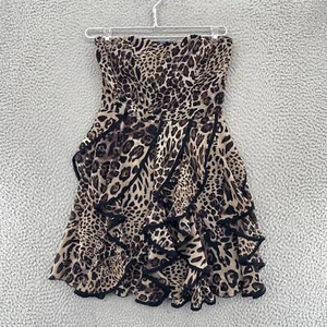 Speechless Dress Women 3 Brown Beige Leopard Print Chiffon Strapless Ruffle Mini - Picture 1 of 11