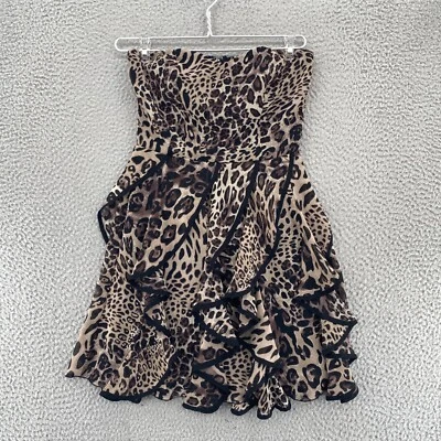 Speechless Dress Women 3 Brown Beige Leopard Print Chiffon Strapless Ruffle Mini - Image 1 of 4