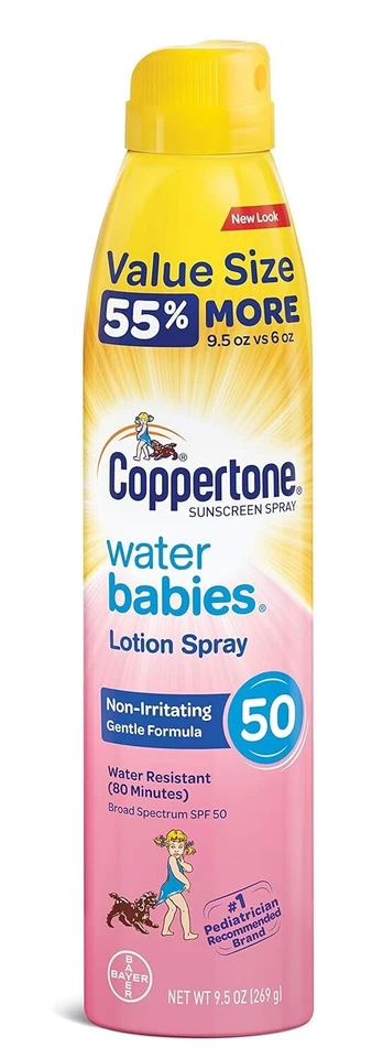 Coppertone Water Babies 50SPF Water Resistant Sunscreen Spray LARGE 9.5oz CAN! - Image 1 of 2