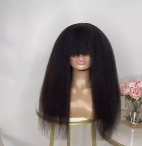 bang afro perwersyjna prosta 24" czarna włoska yaki 100% ludzkie włosy koronka peruka przód - Zdjęcie 1 z 4