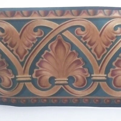 缎面建筑模塑壁纸边框 - 10258PF - 5.5 码 - 金色和蓝绿色 — 第 1/4 张图片