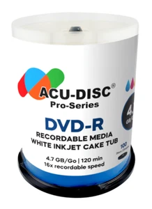 1200 ACU-DISC Pro-Series DVD-R White Inkjet Printable 16x 4.7GB 120min Cake Tub - Afbeelding 1 van 5