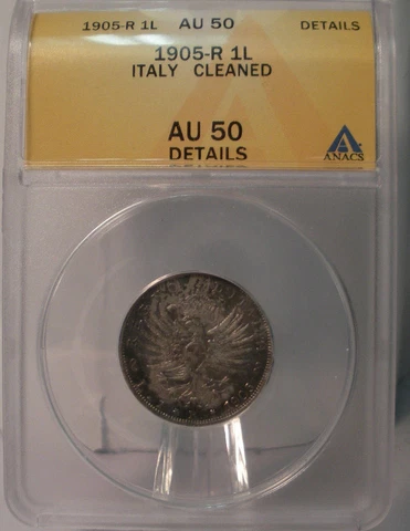 1905 R ITALY SILVER 1 ONE LIRE ANACS AU 50 DETAILS CLEANED RARE COIN TONED Cover