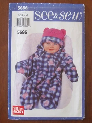 BUTTERICK PATTERN - 5686 BABIES BUNTING HOOD HAT ROMPER ONSIE SEE&SEW NB-M UNCUT - Image 1 of 2