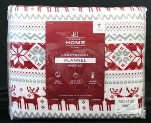 JCPenney Home Heavyweight Fairisle Red Flannel Sheet Set Twin * NEW Deer Holiday - Picture 1 of 5