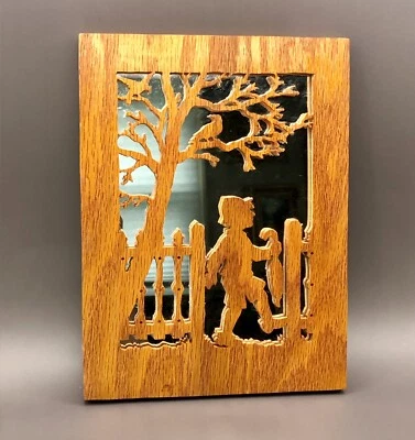 Espelho de parede de madeira esculpida feito à mão arte popular Cottagecore cabine de campo 9x7" - Imagem 1 de 4