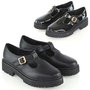 Womens Mary Jane Shoes Ladies T-Strap Buckle Geek Chunky Sole School Shoes Size - Picture 1 of 9