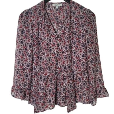 Top William Rast S Púrpura Floral Peplum Atado Cuello Abotonado Volantes Mangas Boho Foto 1 de 4