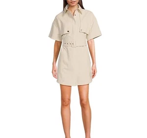 Le’ LA.X Mini Shirt Dress Sz M Cream SS Snap Collar Belted Safari - Picture 1 of 16