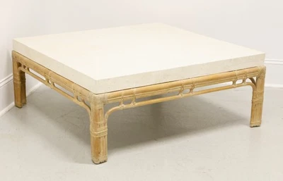 Late 20th Century Whitewashed Oak & Rattan Faux Marble Top Coastal Square Coffee - Image 1 of 4