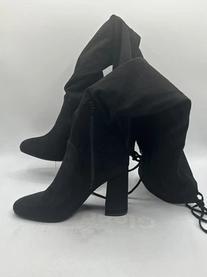 Botas femininas Unisa Unjaydi altura do joelho 6M couro camurça preto salto bloco com cadarço - Imagem 1 de 4