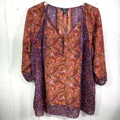 Chaps Denim Blouse Womens 2X Orange Purple Paisley Boho Top Button Front Sheer - Image 1 of 4