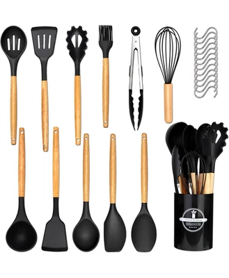 12-teiliges Küchenhelfer Utensilien Set aus Holz & Silikon, Schwarz mit Behälter - Bild 1 von 4