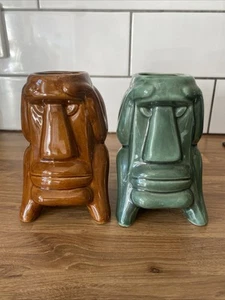 Vintage Pair Of Tiki Vase Pots Green & Brown Stamped DW228 Made In China VGC - Picture 1 of 14
