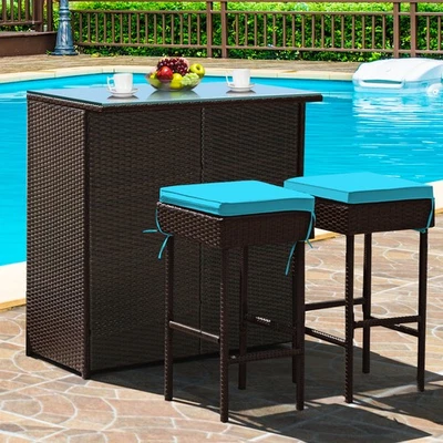 3PCS Patio Rattan Wicker Bar Table Stools Dining Set Cushioned Chairs Turquoise - Image 1 of 4