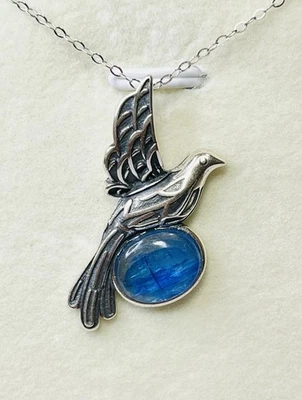 Collar colgante de plata de ley 925 natural azul cianita loro paloma pájaro Foto 1 de 4
