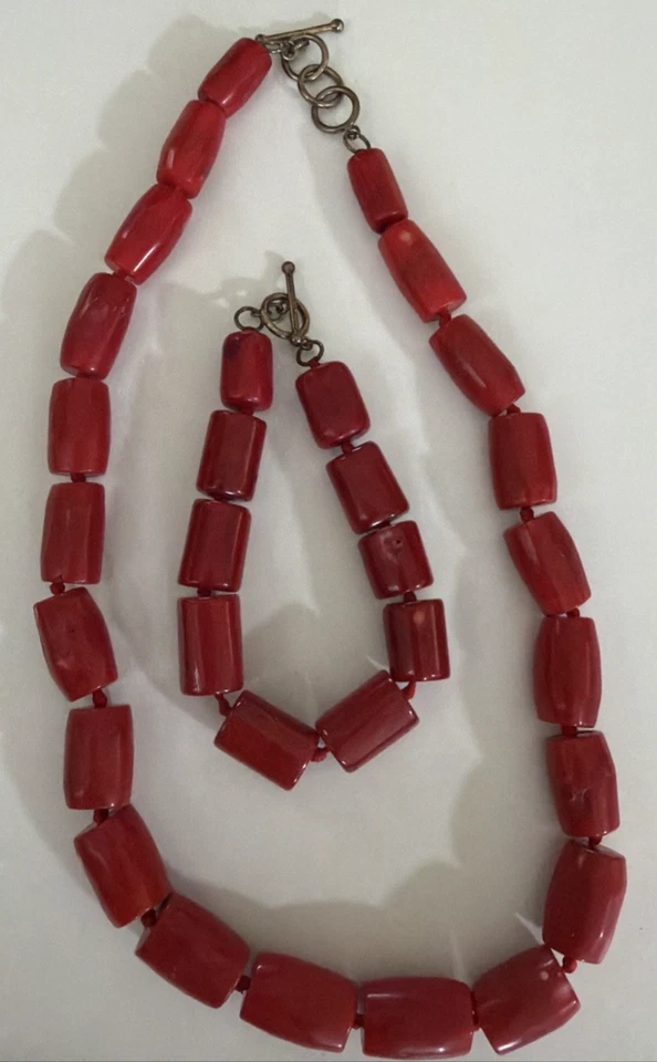 复古红色珊瑚 0.925 切换桶宝石珠项链和手链 — 第 1/4 张图片